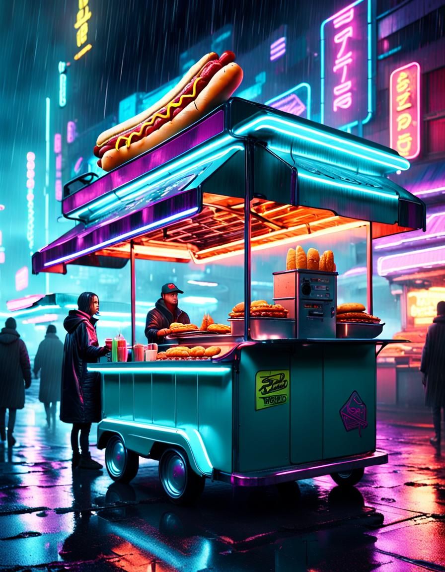 Cyberpunk Hotdog Vendor in Rainy Cityscape