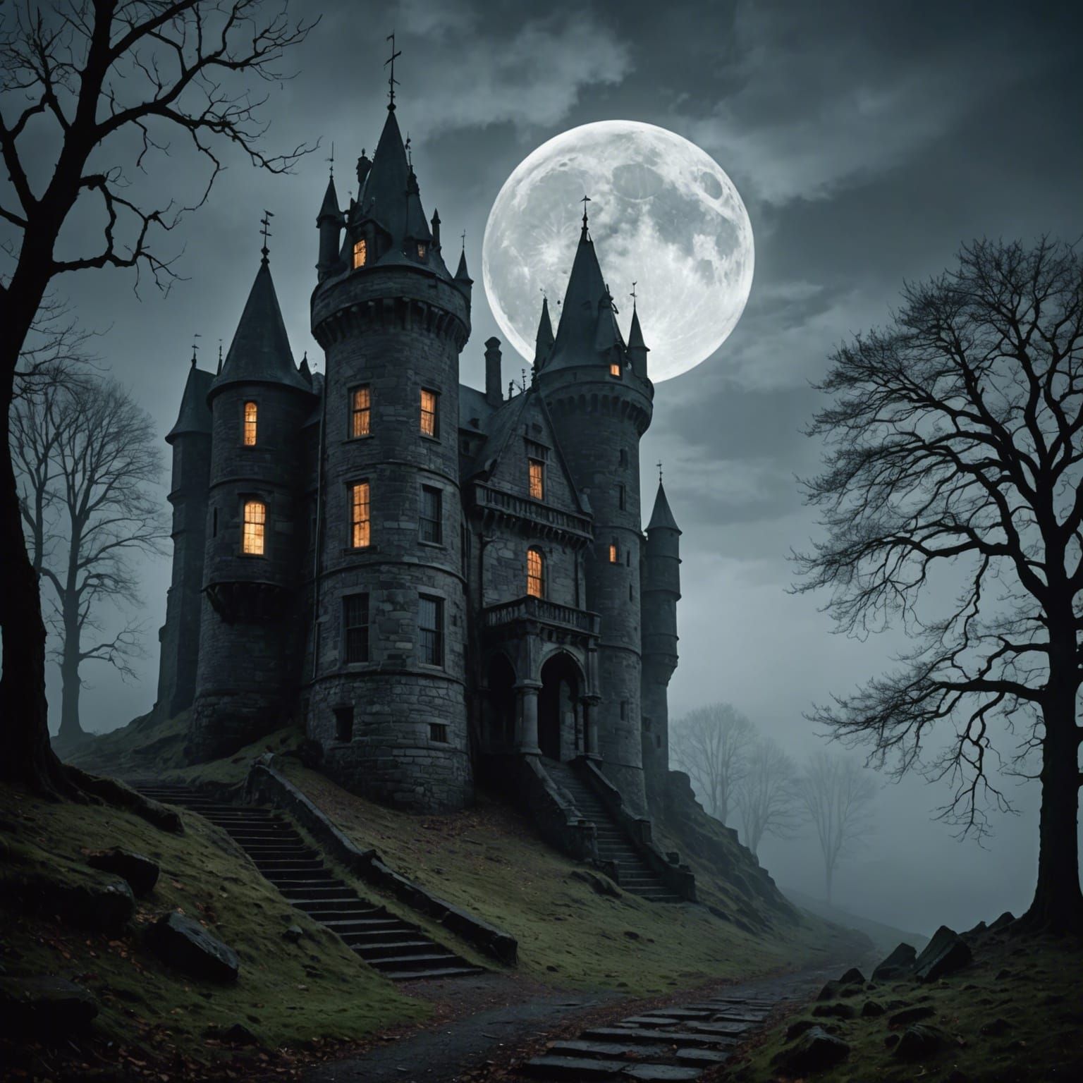 Sinister Castle in Mist: A Gothic Horror Vision