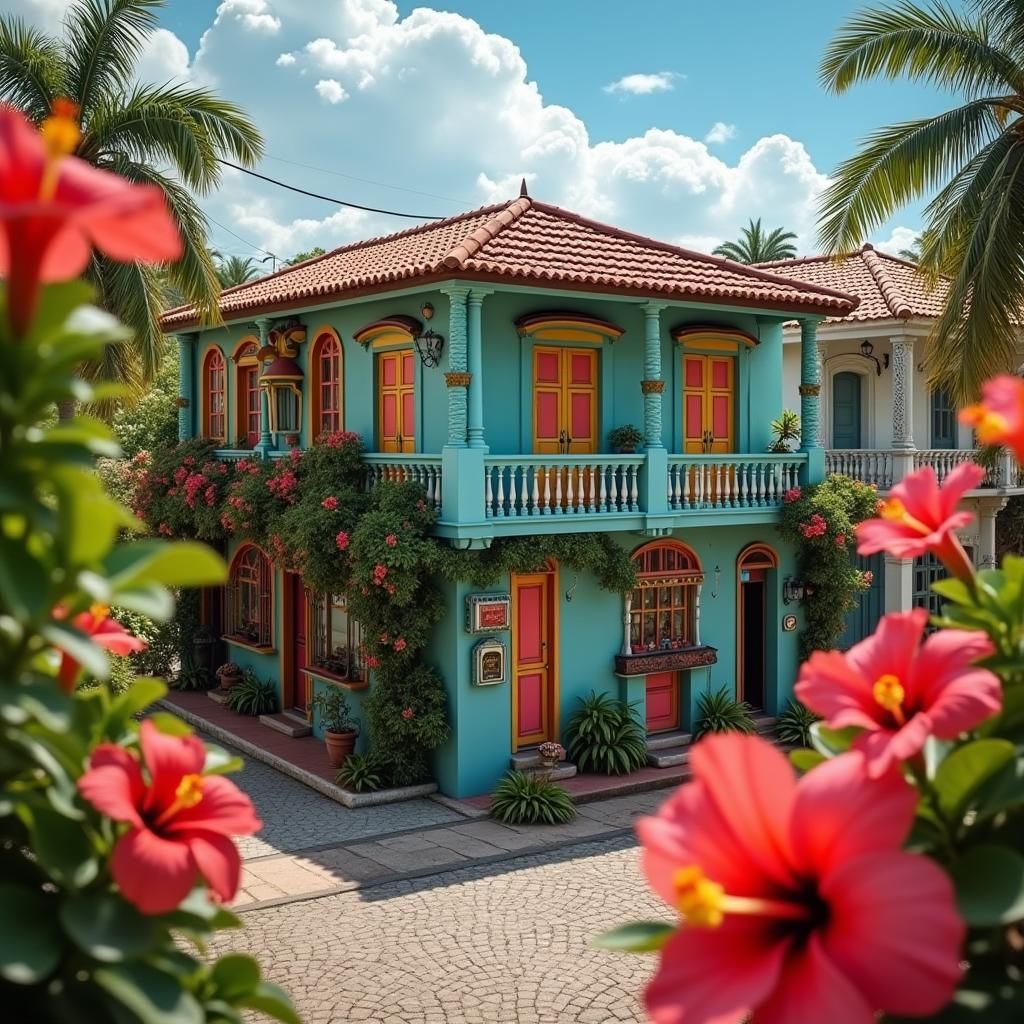 Colorful Caribbean House Amidst Tropical Flowers