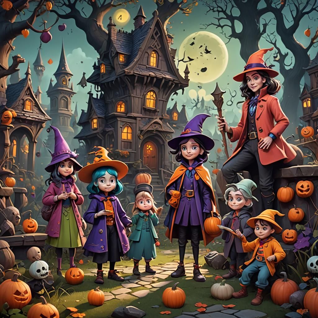 Whimsical Spooky Storybook Illustration in Detailed Matte Pa...