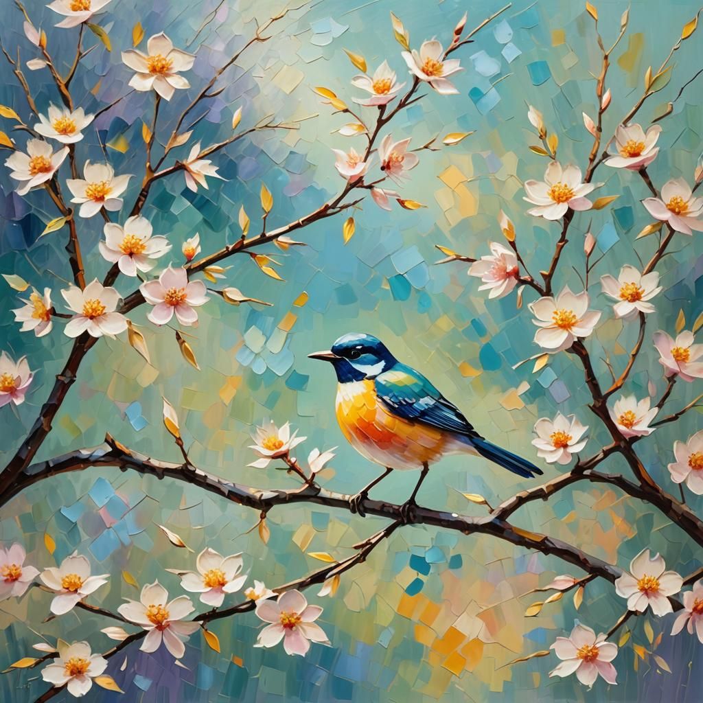 Blossom Bird: Neo-Impressionist Oil Painting in Pastel Hues