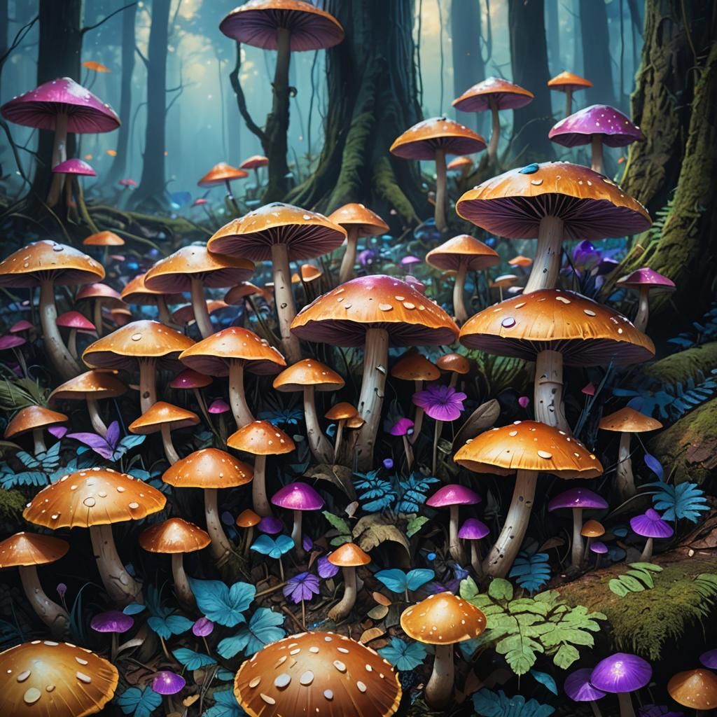 Glowing Umbrella Mushrooms in a Blue Forest