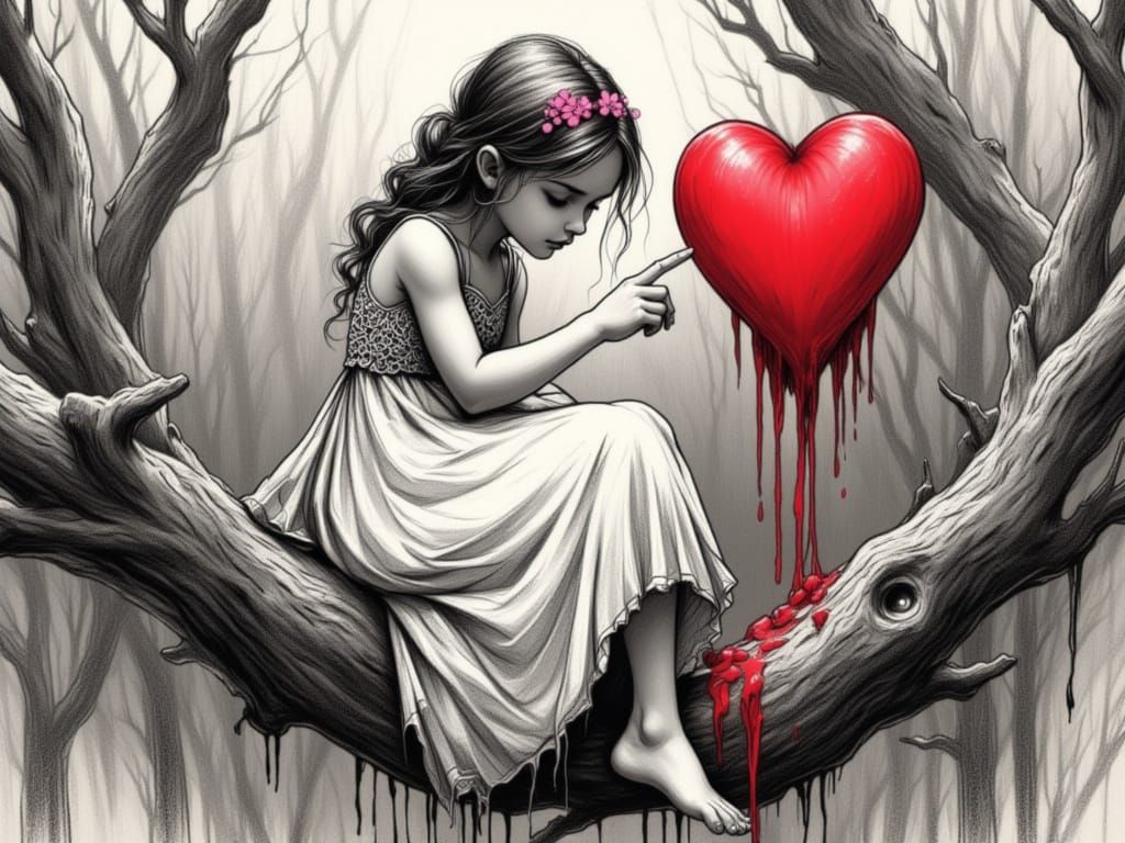 Dreamy Porcelain Woman with Red Heart in Surreal Style