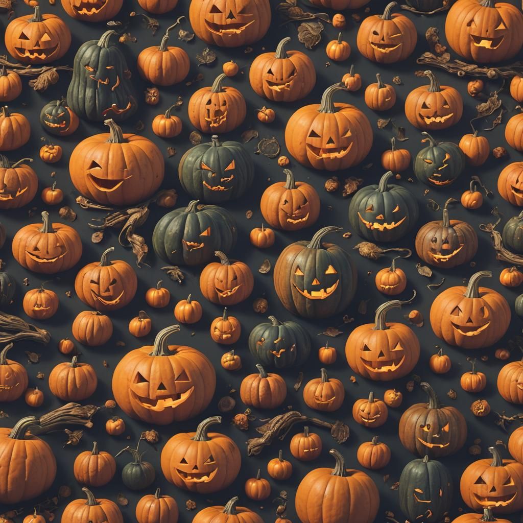 Pumpkins and Jack O'Lanterns Still-Life in Matte Painting St...