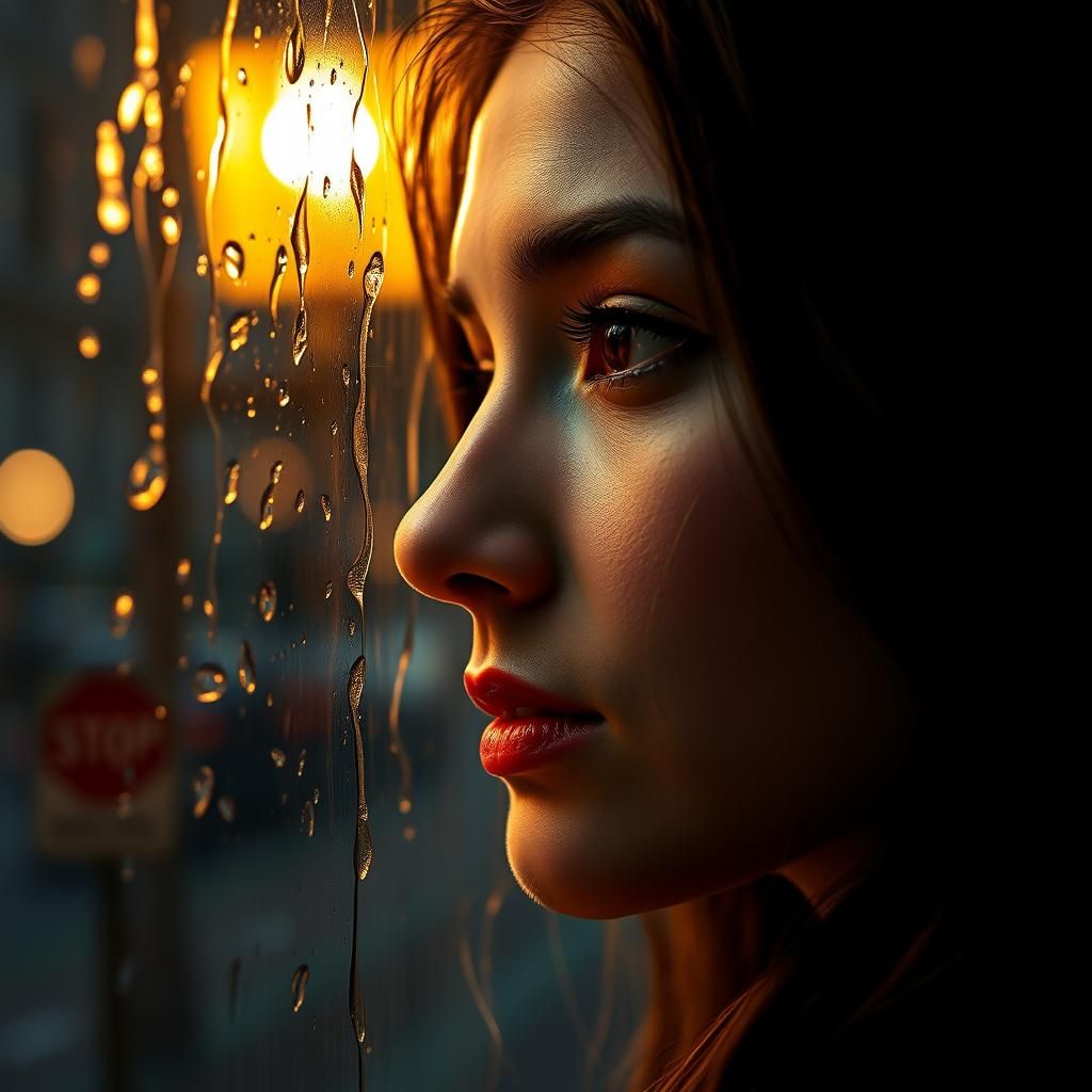 Contemplative Woman in Rain, a Photorealistic Portrait