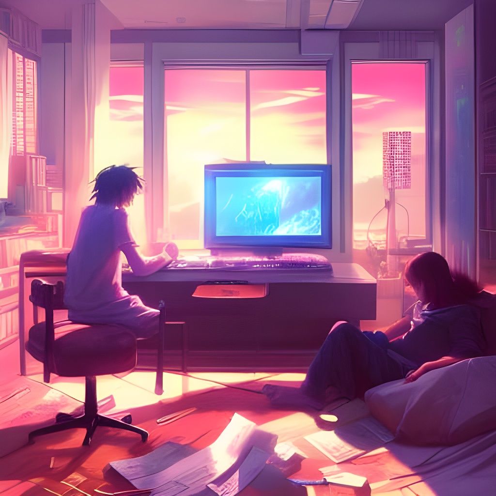 Vaporwave Gaming Room in Cel-Shaded Style