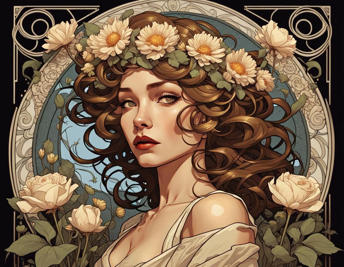 Surreal Woman in Flower Field, Art Nouveau Style