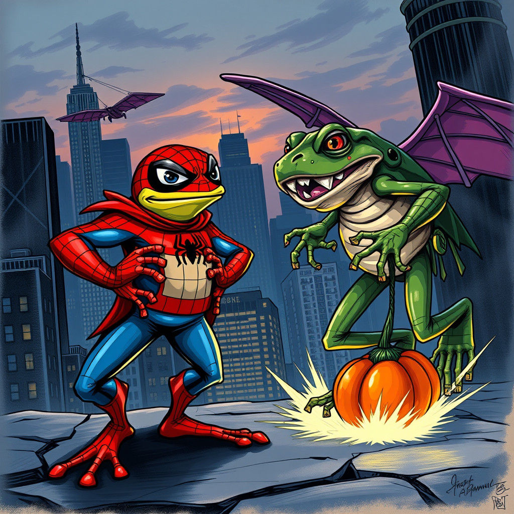 Frog-Spiderman vs Green Goblin Toad in Comic Art Style