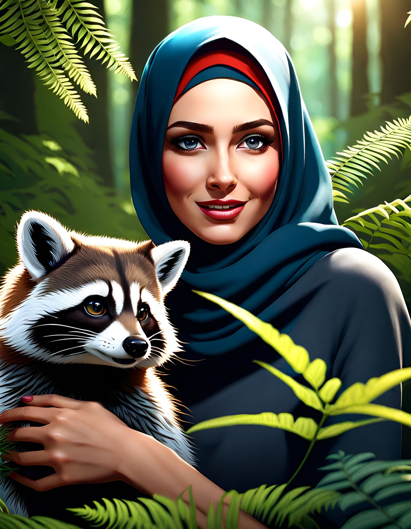 Woman with Raccoon in Forest: Realistic Digital Art