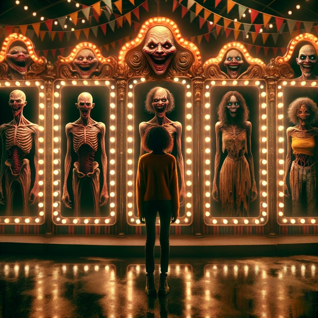 Eerie Carnival Funhouse Mirrors in Cinematic Horror Style