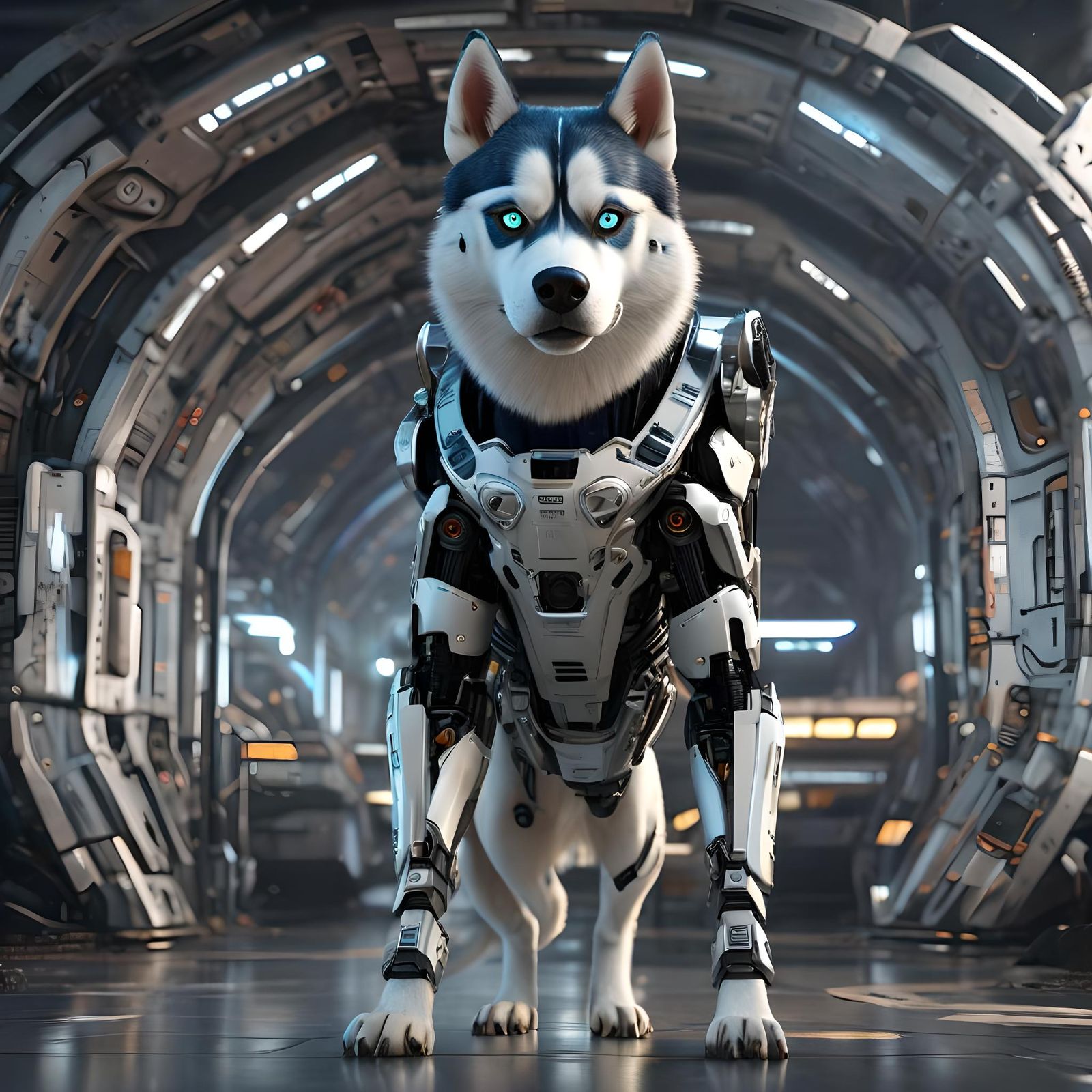 Cyborg Husky Patrols Spaceship in Cyberpunk Style