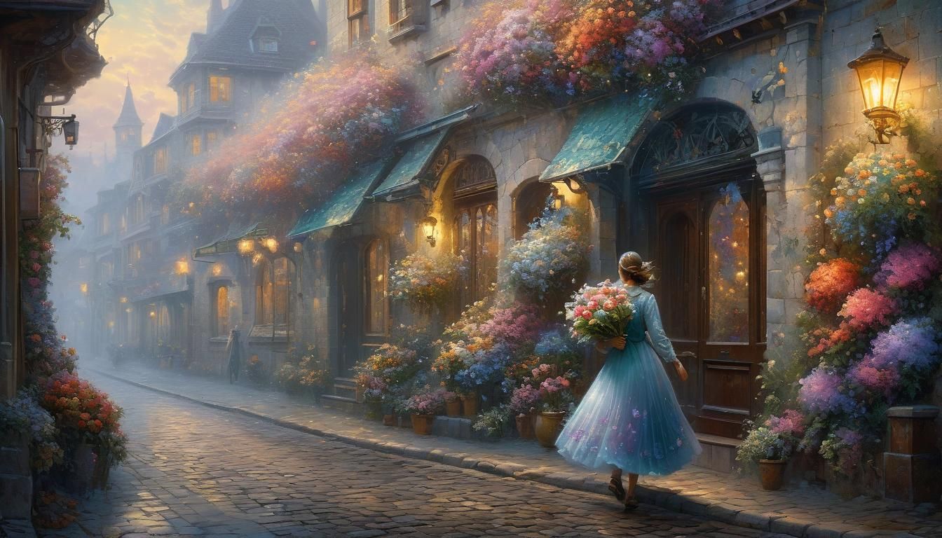 Girl with Floating Flowers in Ethereal Style