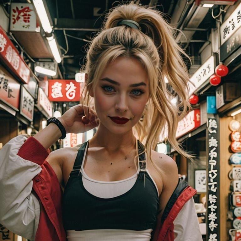 Blonde Woman in Tokyo's Neon Alley: Cinematic Portrait