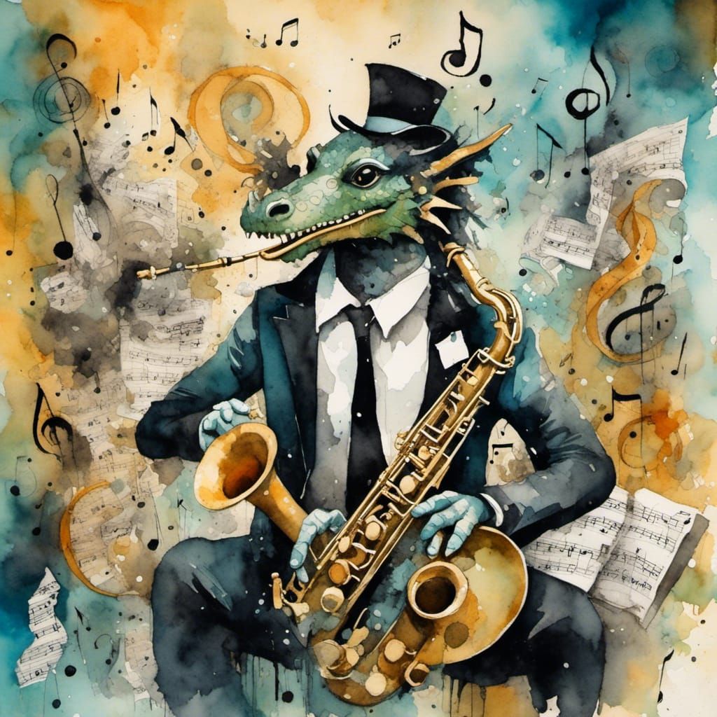 <lora:Chroma Scape:1.0> Surrealistic jazz scene. Close-up sh...