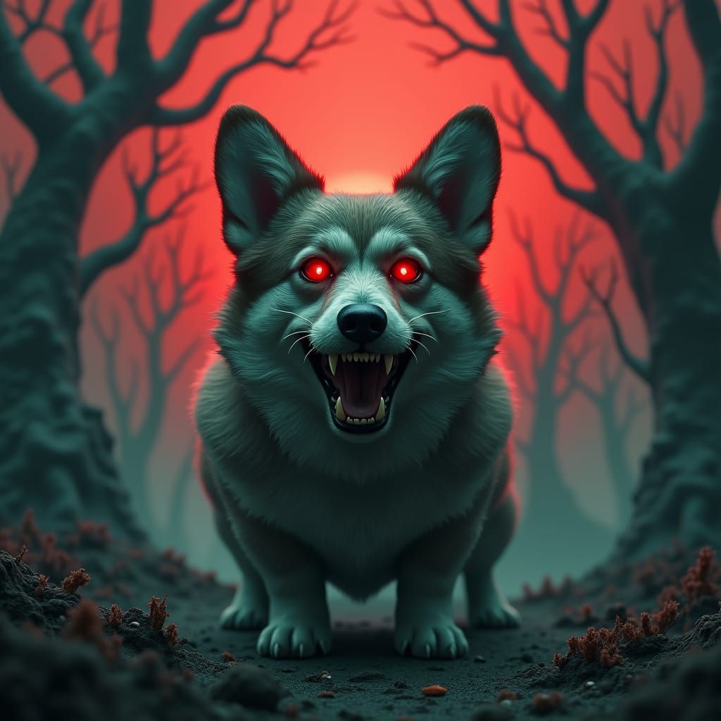 Menacing Corgi in Mystical Landscape, Matte Painting