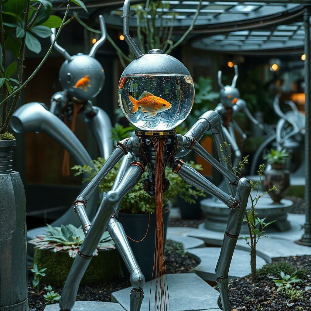 Futuristic Robot with Aquatic Head in Ethereal Garden