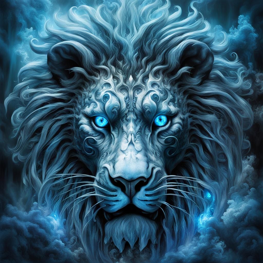 Bioluminescent Crystal Ghost Lion in Double Exposure