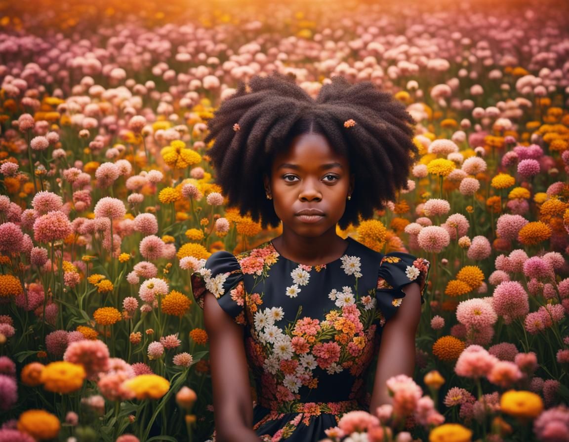 Black Girl in Flower Field, Modern Portrait
