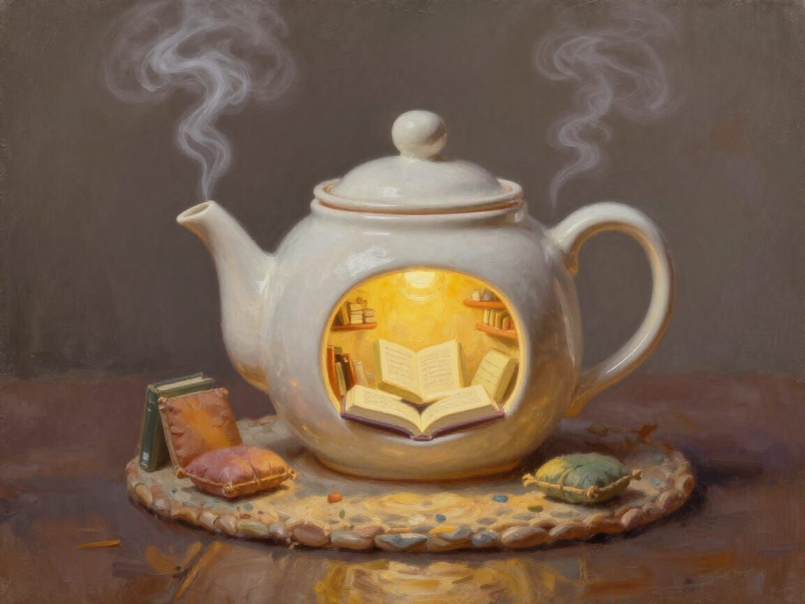 Cozy Teapot Reading Nook Diorama in Oil Painting Style