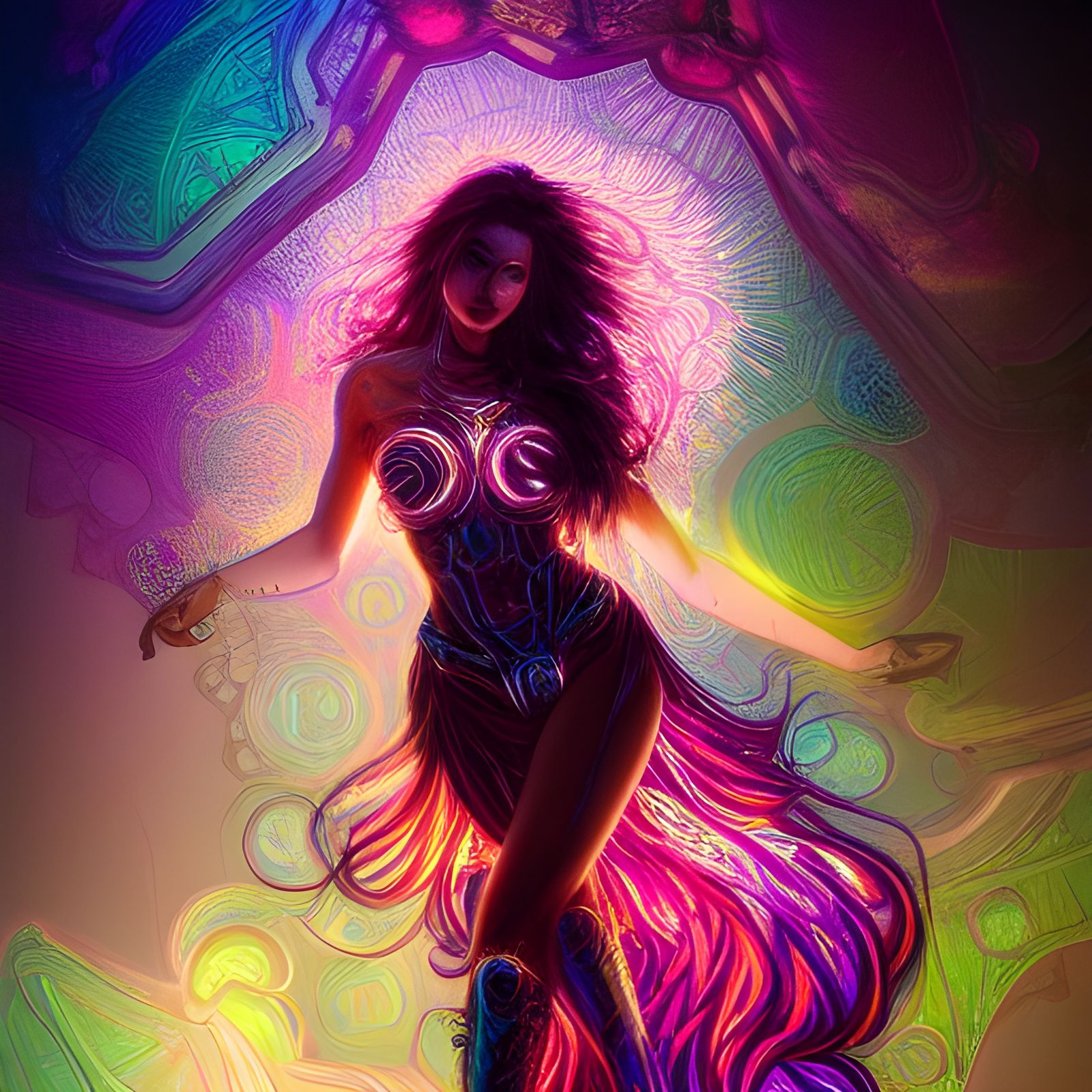 Neon Goddess Disintegrating into Fractal Lights