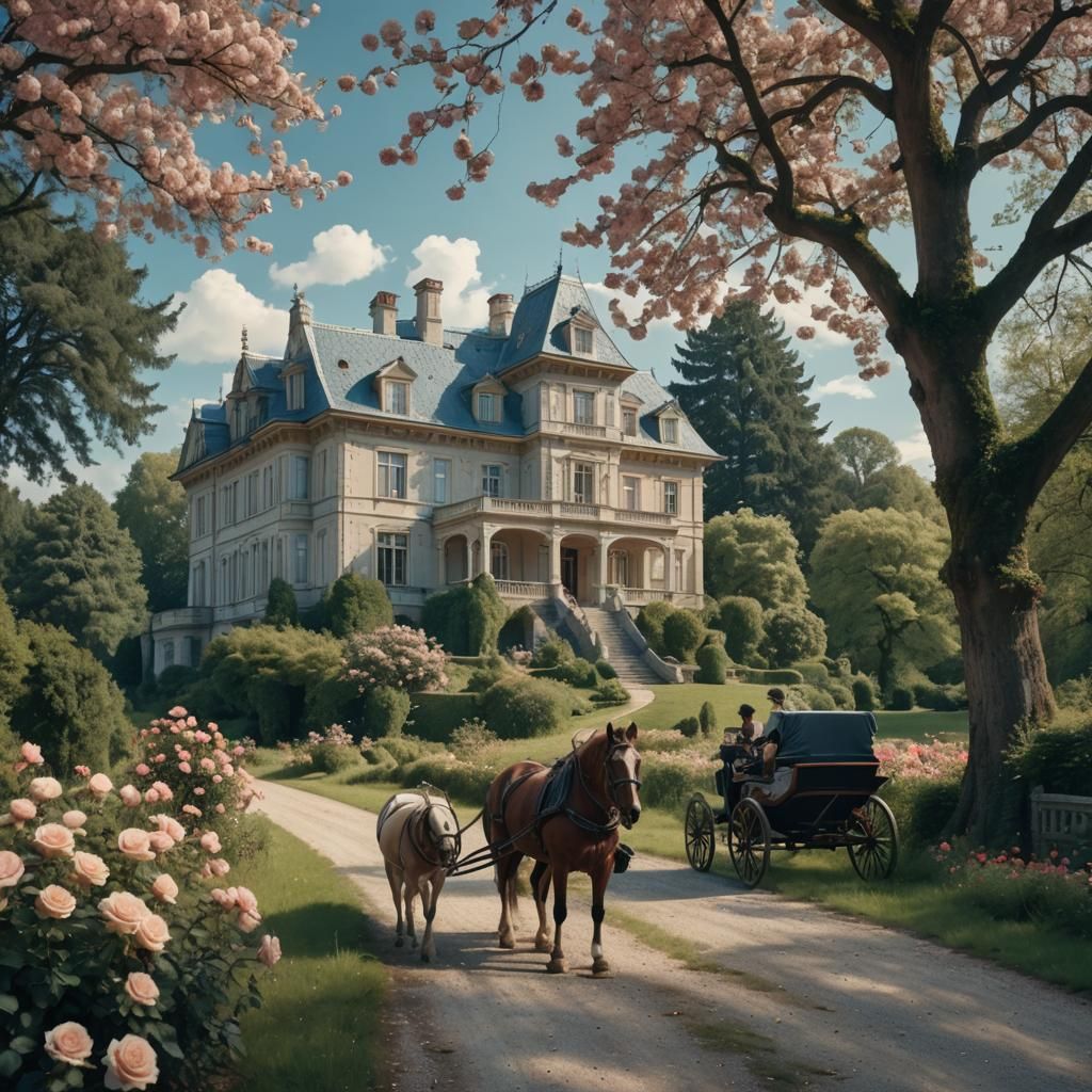 Cinematic Mansion with Horse Carriage and Roses