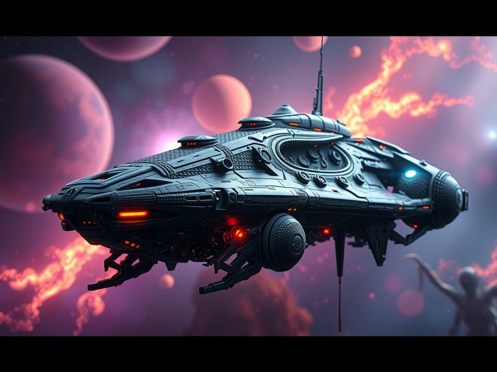Biopunk Spaceship Amidst Nebula's Vibrant Hues