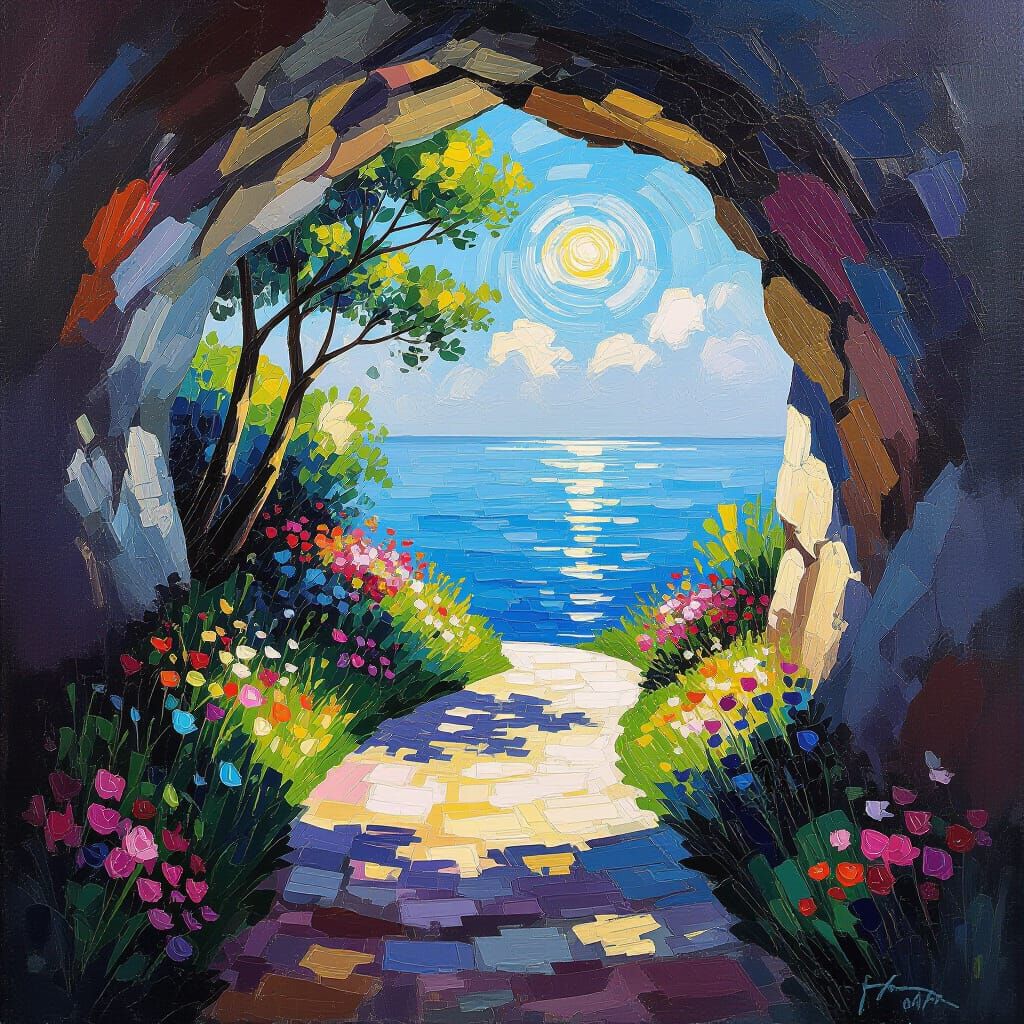 Cave Pathway in Impressionist Style