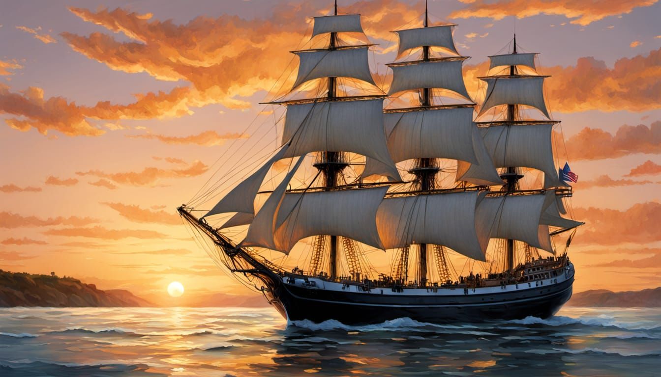 Clipper Ship at Sunset: A Golden Hour Oil Painting