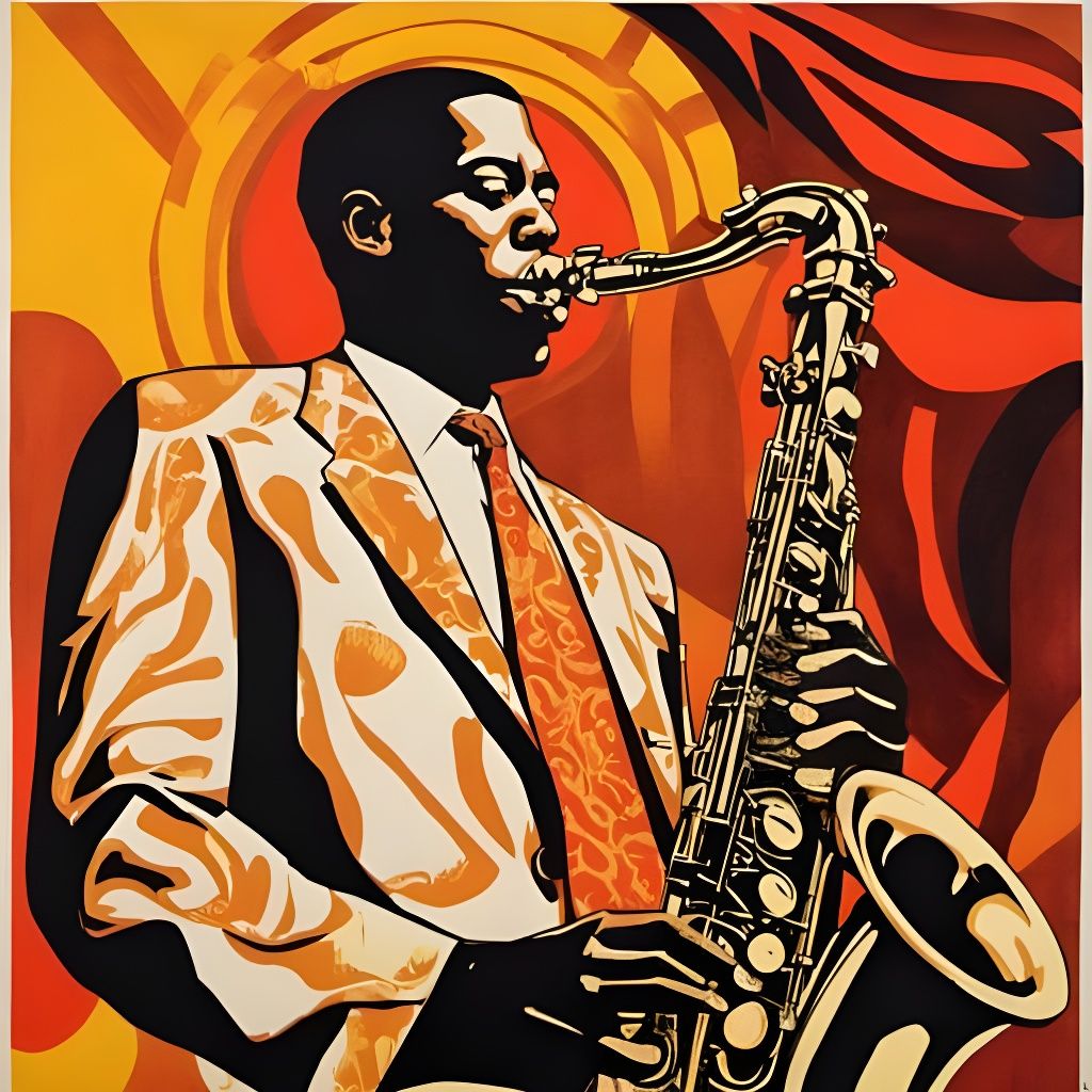 John Coltrane Jazz Saxophone in Retro Woodblock Print