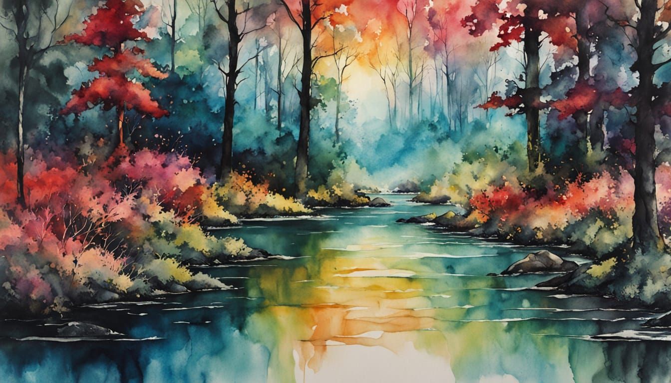Red Haze Sunset Over Forest Stream in Watercolor