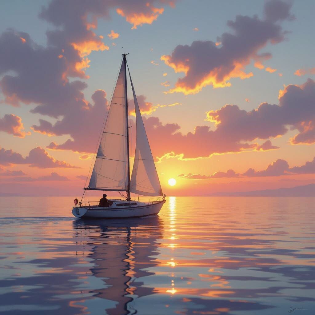 A lone sailboat drifts on a calm, glassy sea under a sky pai...