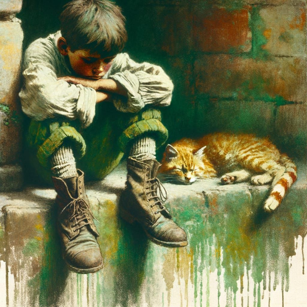 Child's Solitude with Ginger Cat in Painterly Style