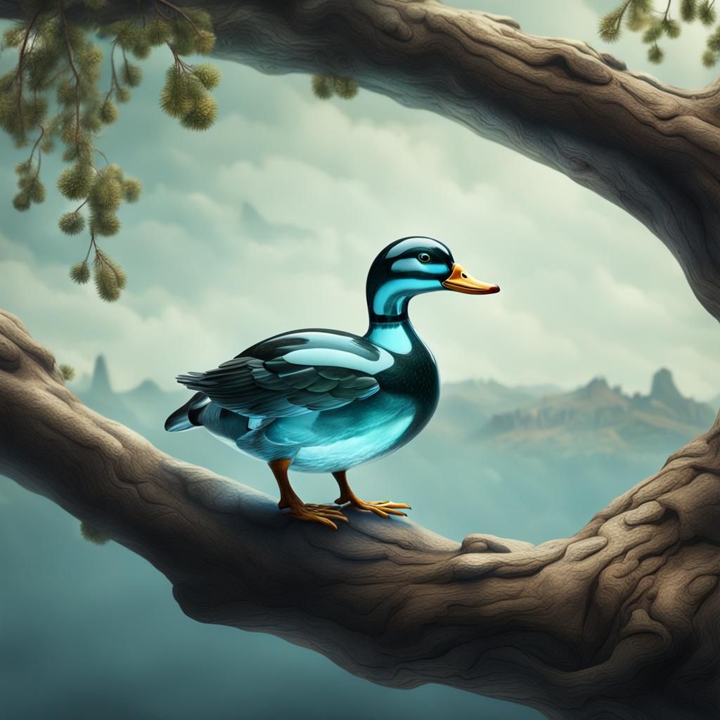 Glass Duck on Branch: Detailed Matte Painting