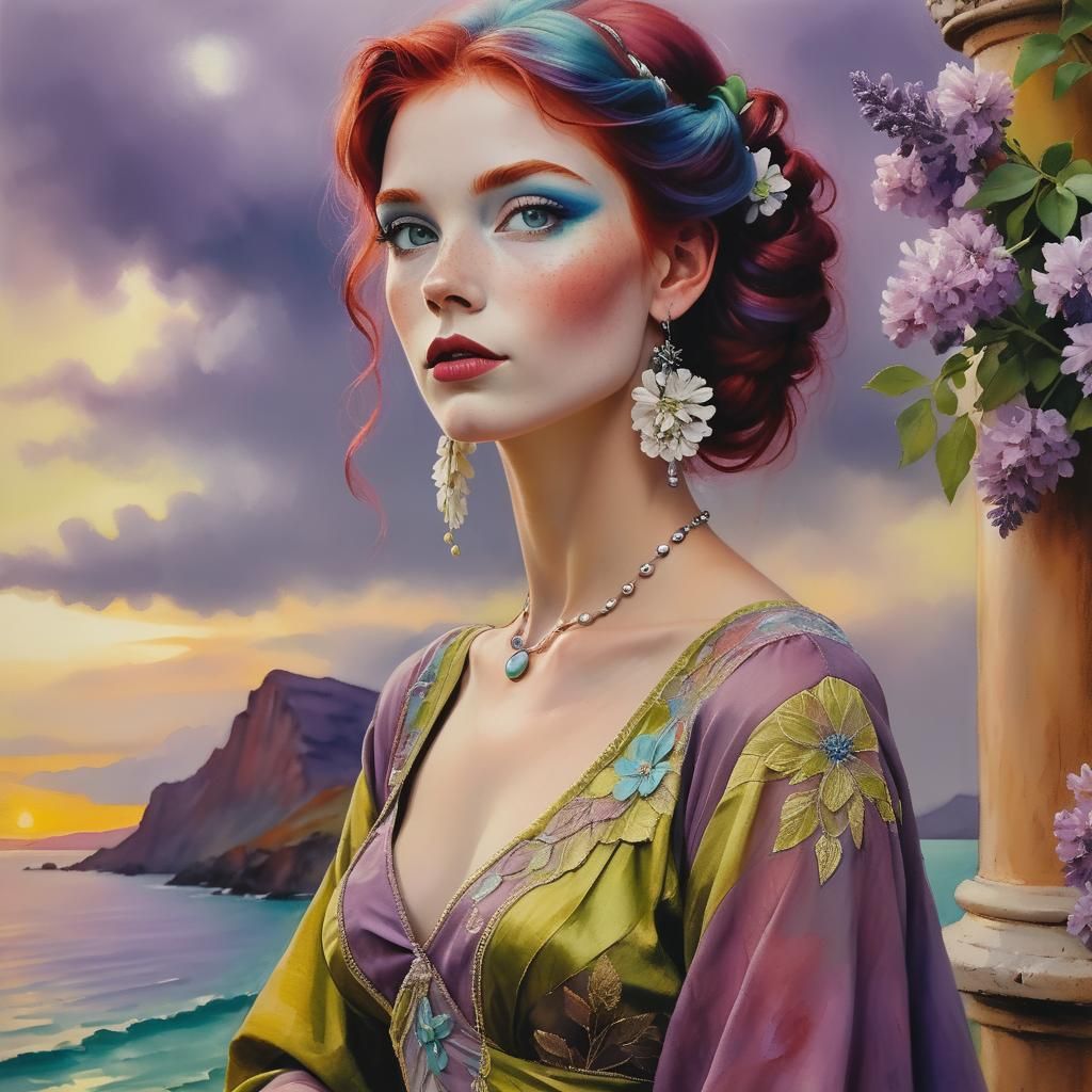 Elegant Line Drawing of a Red-Haired Woman in Watercolor