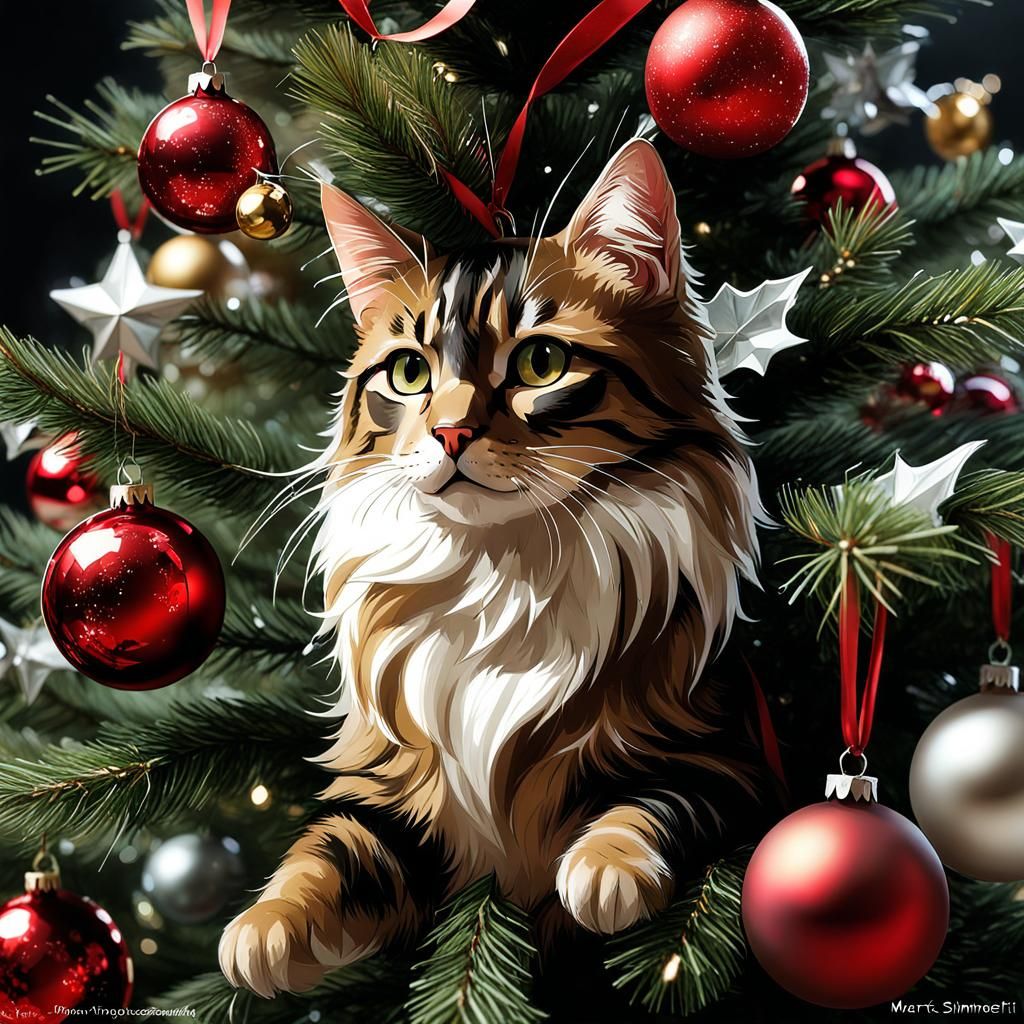Christmas Tree Decorated with Cats as Ornaments