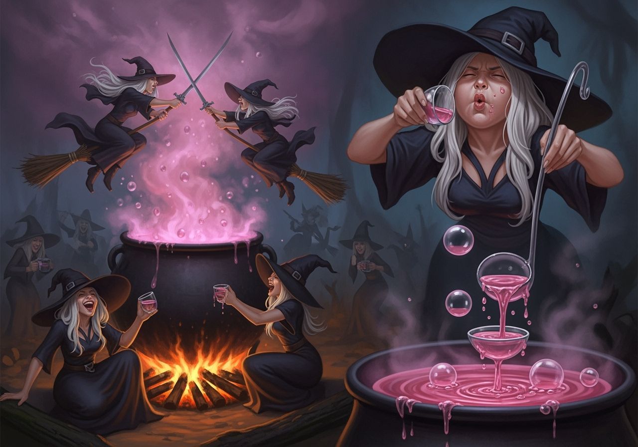 Witches' Brew Duel and Merriment in Dark Fantasy Art