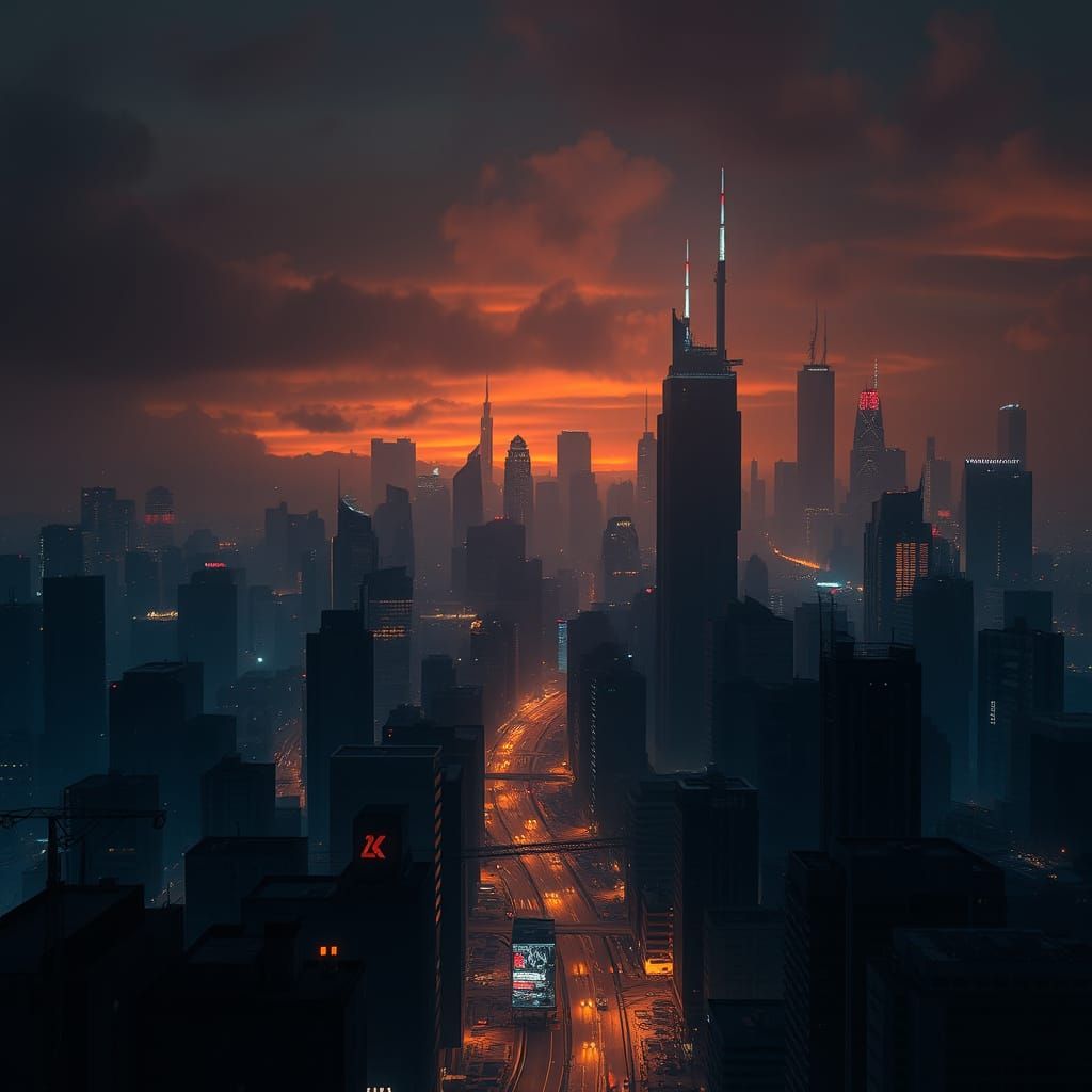 Noir Cityscape in Moody Blues and Gold