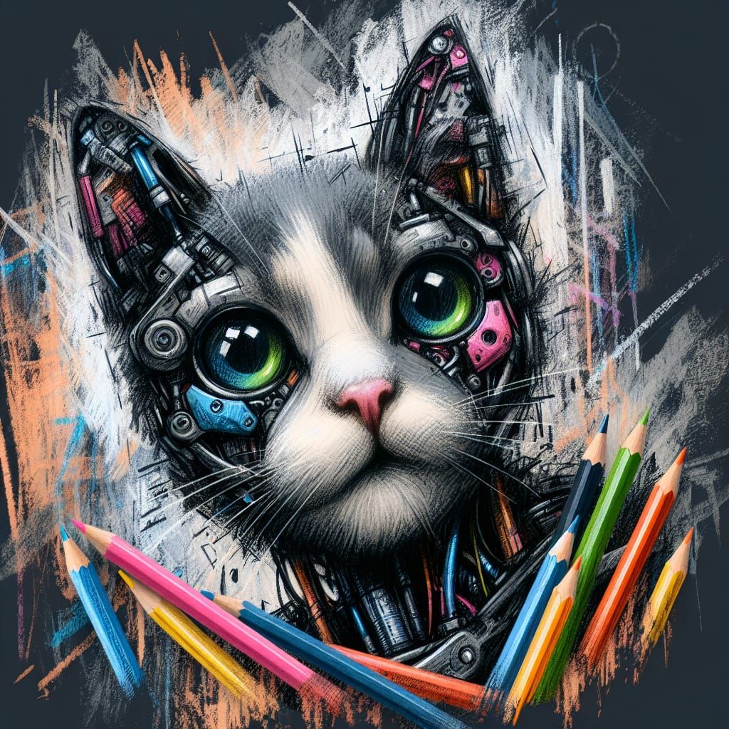 Cyborg Cat Portrait in Expressive Colored Pencil