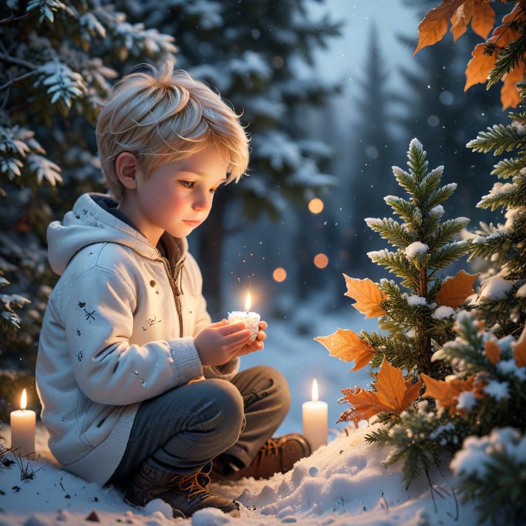 Boy Lights Candle on Snowy Cliff with Titanium Star of David