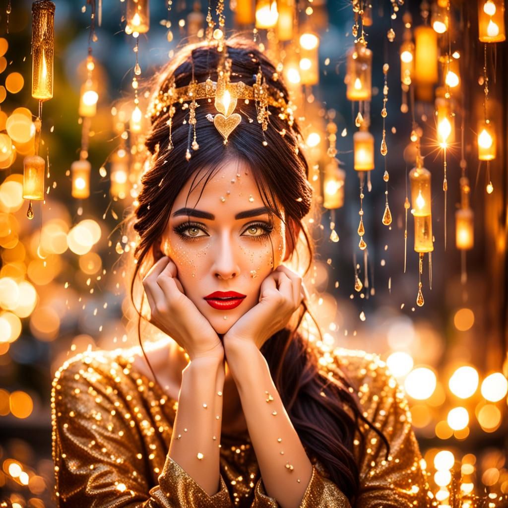 Beautiful gorgeous woman Reall Sentiment broken heart after Falling in love fall into tears sparklesof Gold mythical can...