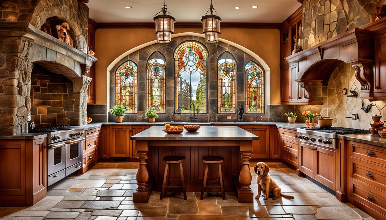 Luxury Italian Villa Kitchen with Stained Glass