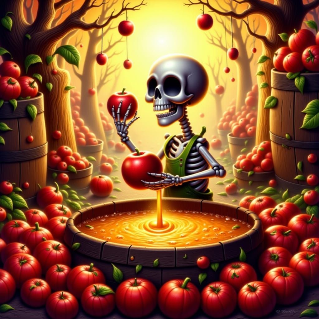 Cute Skeleton Makes Apple Cider in Golden Light