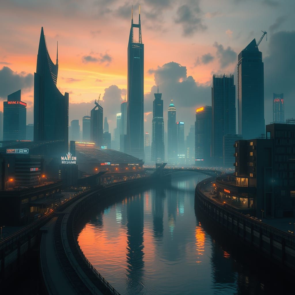 Surreal Futuristic Cityscape Unfolds at Dusk