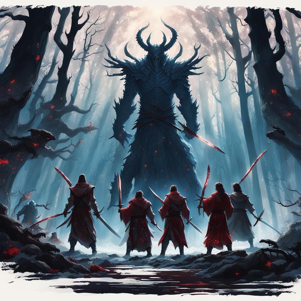 Warriors Clash with Forest Creature in Matte Painting