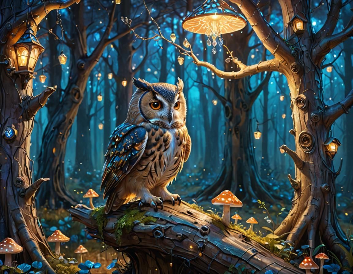 Mystical Owl in Whimsical Forest Village