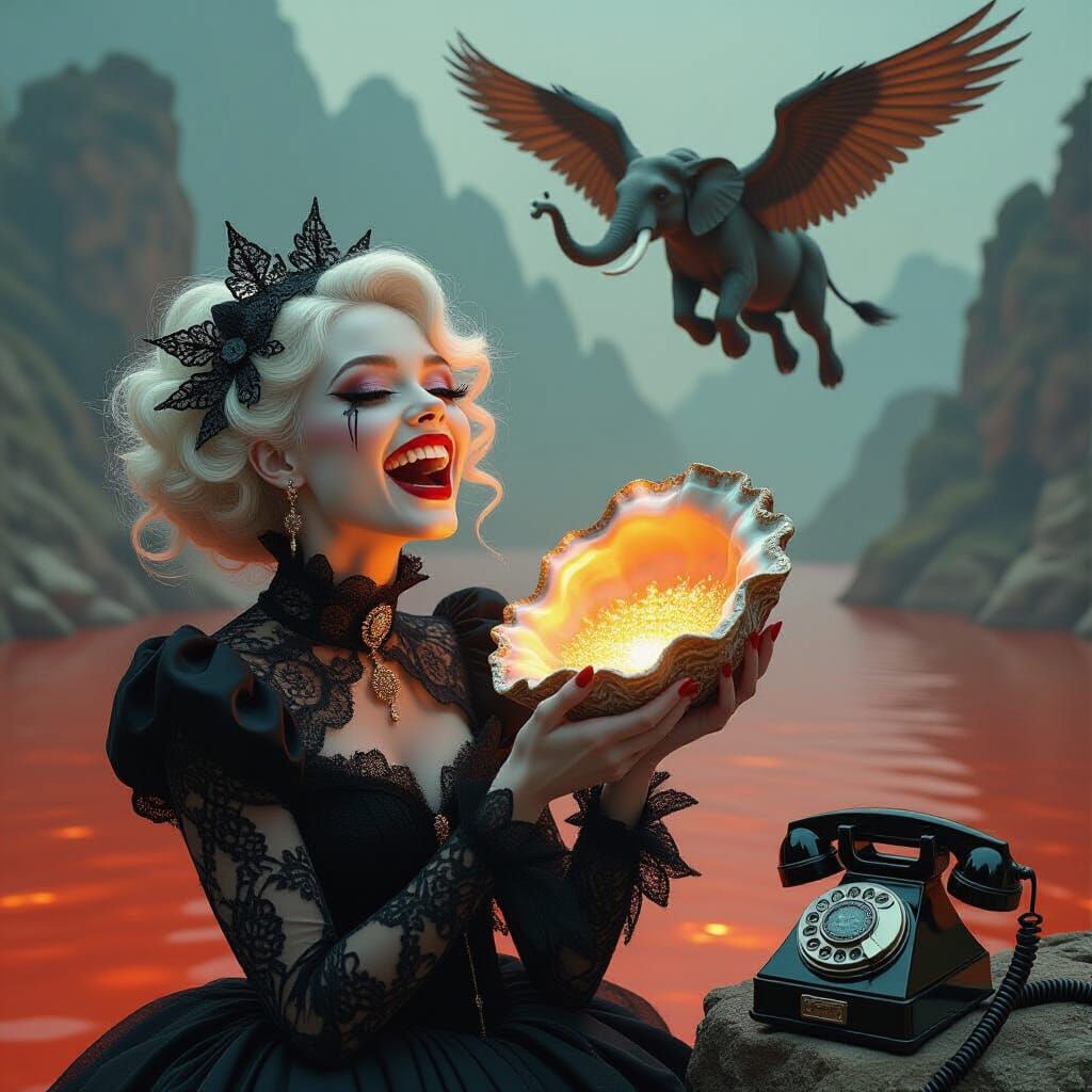 Goth Girl with Oyster in Surreal Biomechanical Landscape