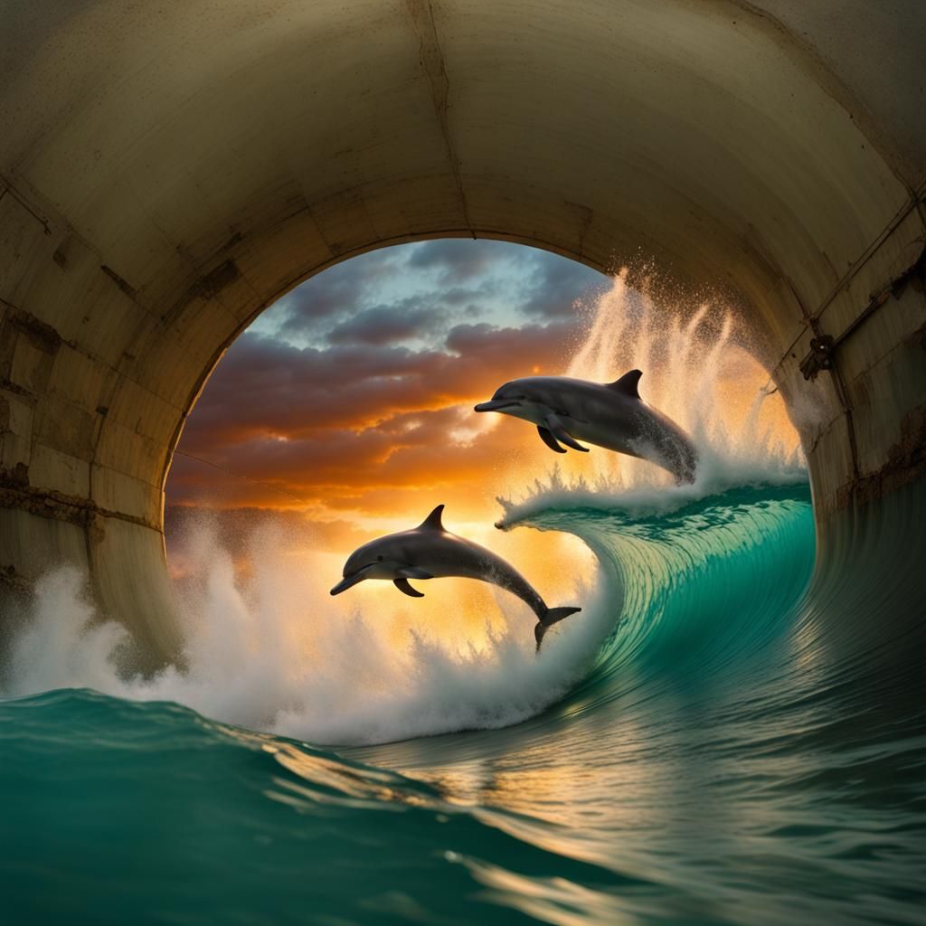 Dolphin Leaps Through Tunnel Wave at Sunset