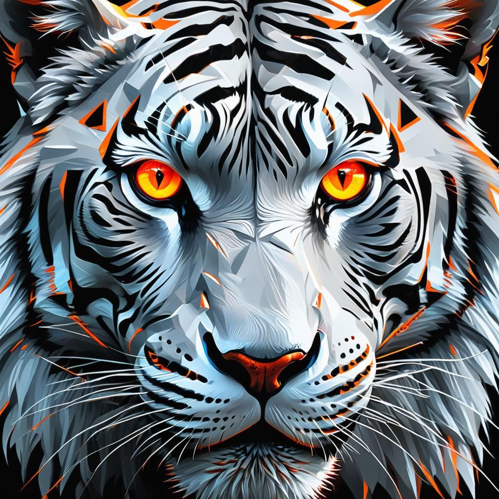 Oni-Inspired White Tiger Head in Vector Graphics