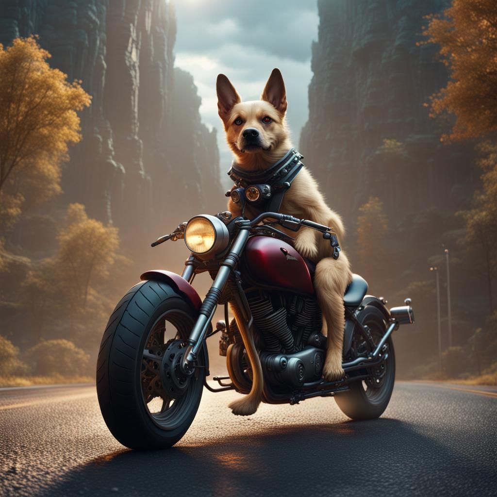 Dog Rides Motorcycle in Detailed Matte Painting