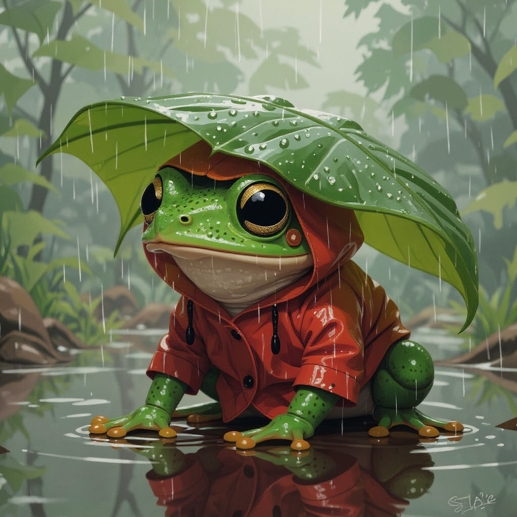 Sad Frog Sheltering Under a Leaf